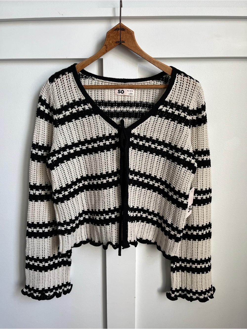 SO Black & Cream Striped Crochet Cardigan Sweater NWT Girls XL
